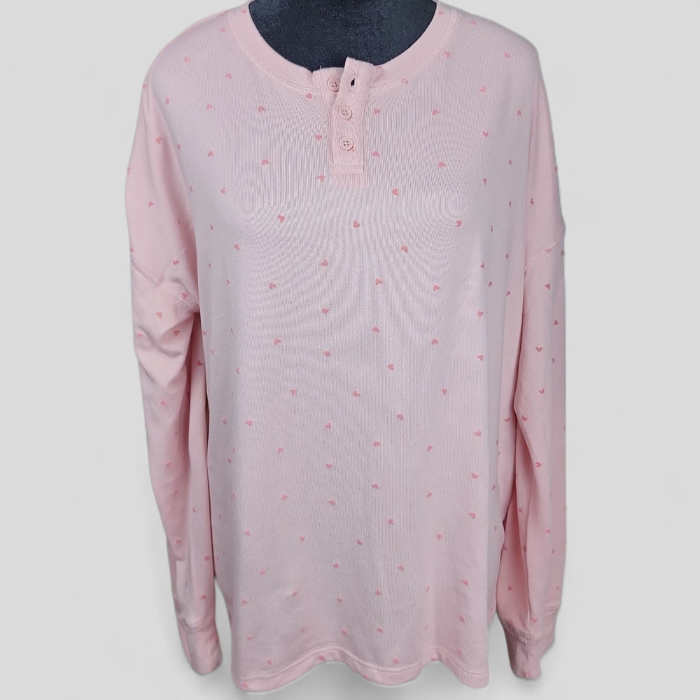 LOFT | Soft Girl Pastel Pink Cozy Coquette Long Sleeve Henley Pajama Top |‎ XXL